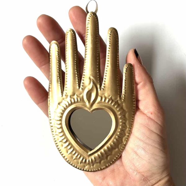 5.5” Medium milagro corazon oro rosa mirror tin hand - Image 3