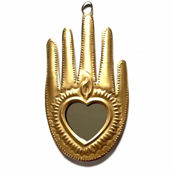 5.5” Medium milagro corazon oro rosa mirror tin hand - Image 2