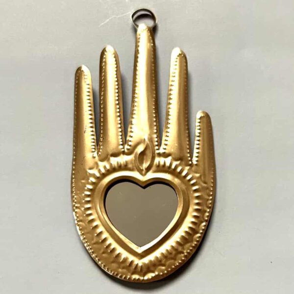 5.5” Medium milagro corazon oro rosa mirror tin hand