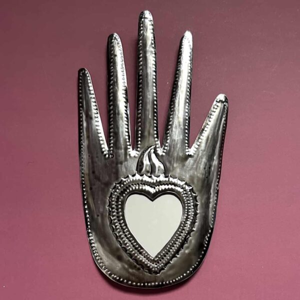 8” Large corazon milagro mirror tin hand