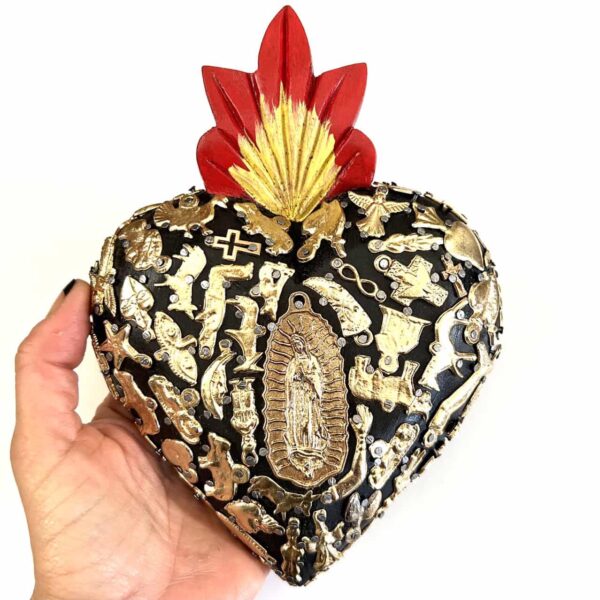 8” XL Guadalupe gold milagritos wooden heart (4 different color options)