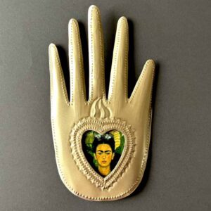 8” Large Frida milagro oro tin nicho hand