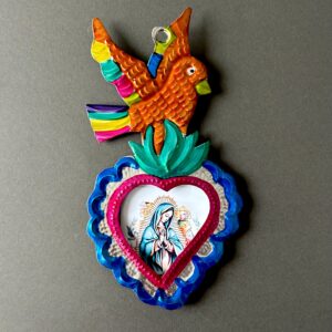 6.5” Medium Guadalupe pajarito multicolor tin nicho heart