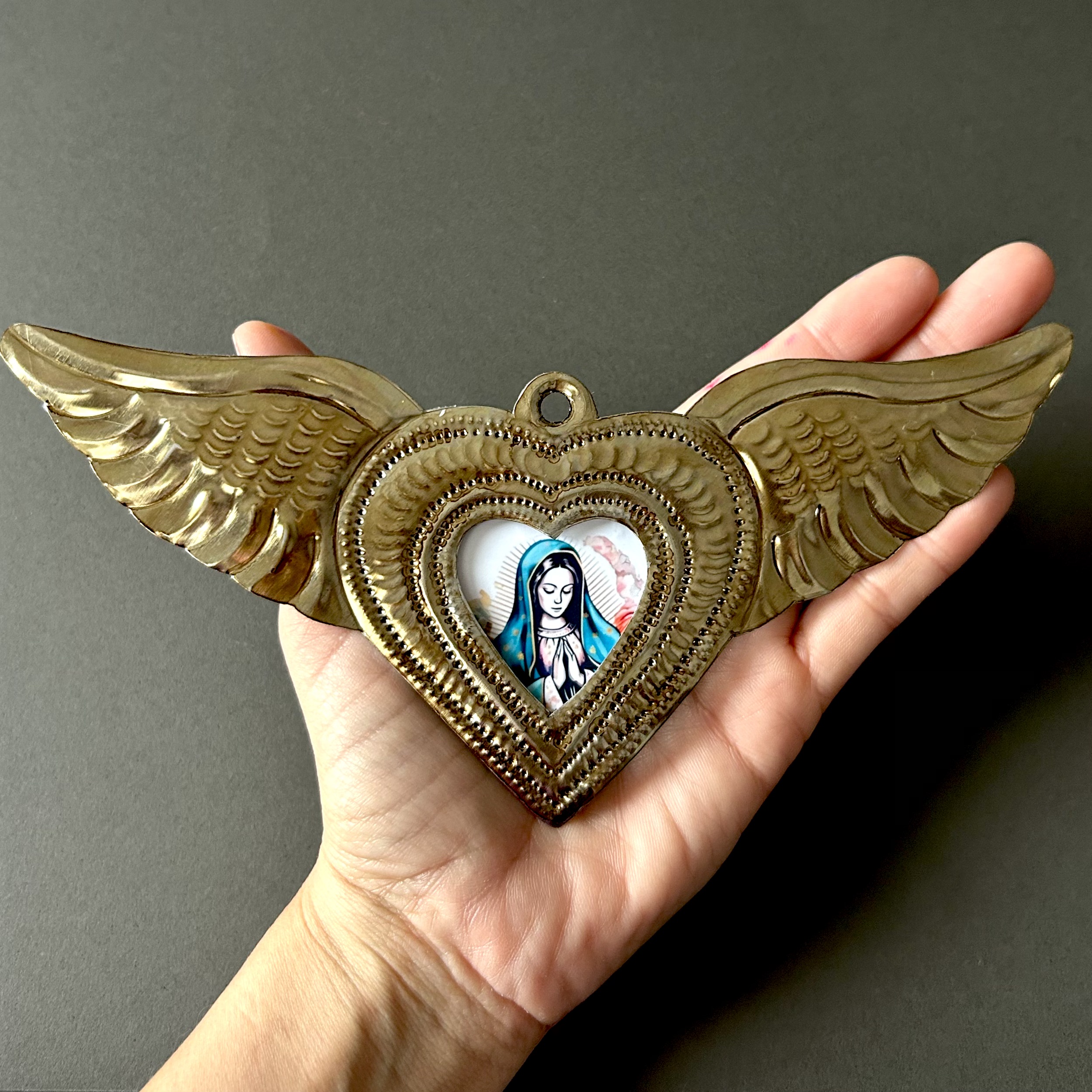 8"(long) Medium Guadalupe sonada vintage tin nicho heart