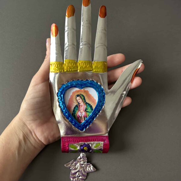 10” Large nicho Guadalupe corazon con multicolor tin hand (2 color options)