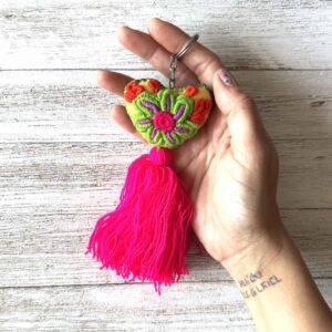 7” Medium keychain multicolor rosa rojo corazon pompon (different color options)